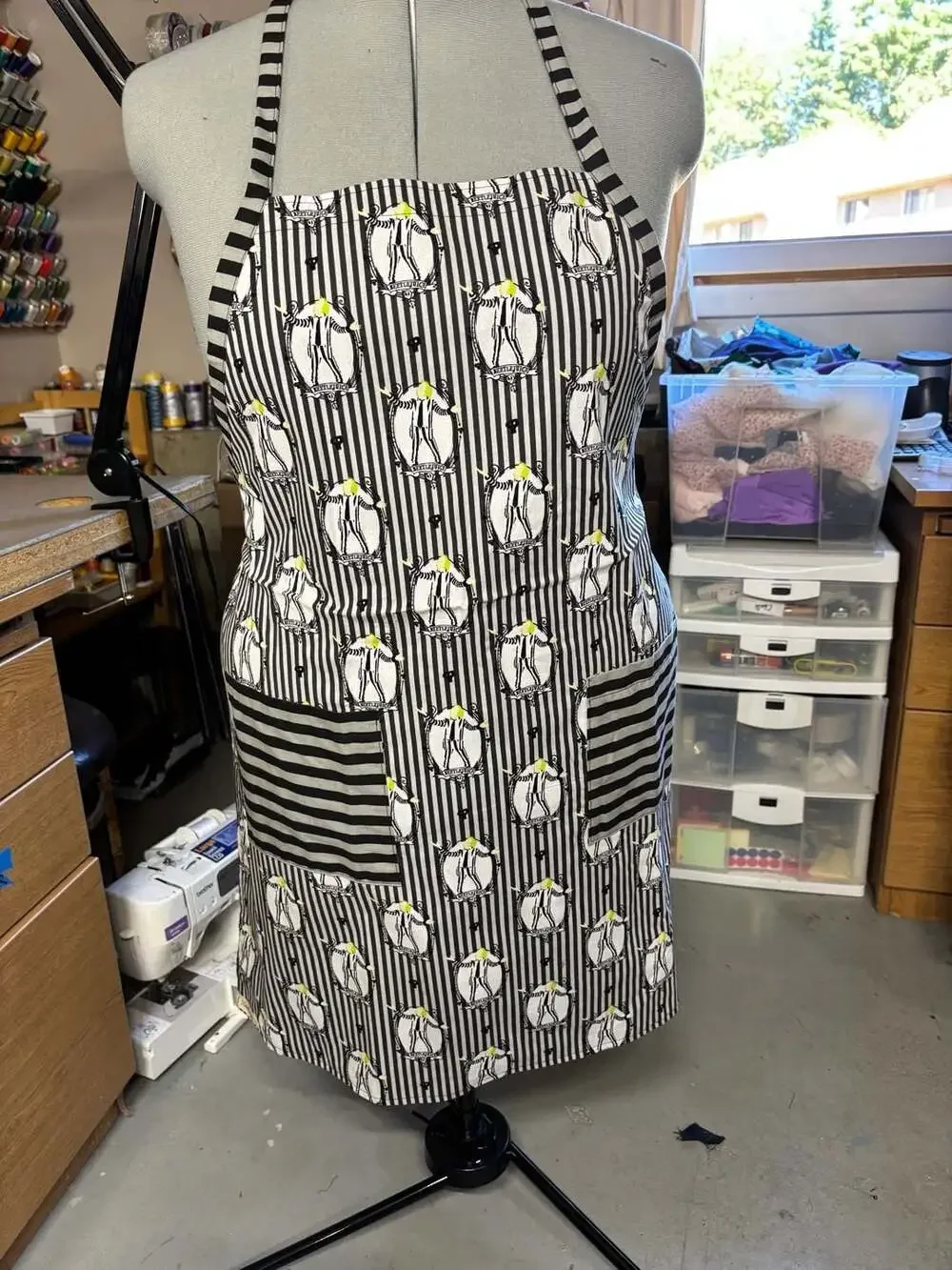 Beetlejuice Black and White Striped Character Print Bib Apron with Pockets